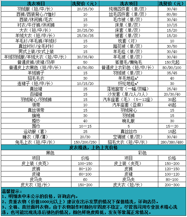 上海干洗店收费价格表【详细收费标准】怎么收费更赚钱